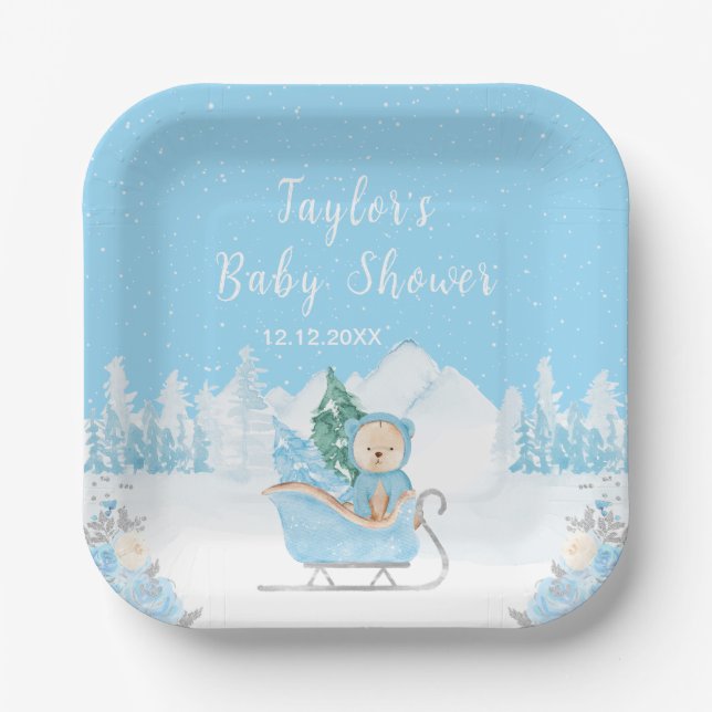 Winter Bear Blue Sleigh Baby Dusche Pappteller (Vorderseite)