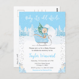 Winter Bear Blue Sleigh Baby Dusche Postkarte