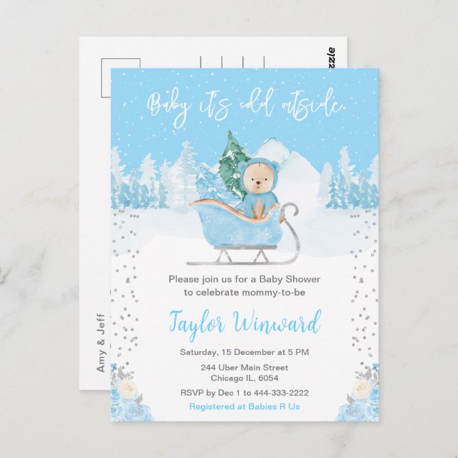 Winter Bear Blue Sleigh Baby Dusche Postkarte (Vorne/Hinten)