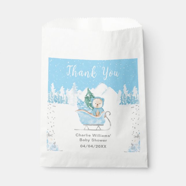 Winter Bear Blue Sleigh Baby Dusche Vielen Dank Geschenktütchen (Vorderseite)