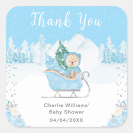 Winter Bear Blue Sleigh Baby Dusche Vielen Dank Quadratischer Aufkleber