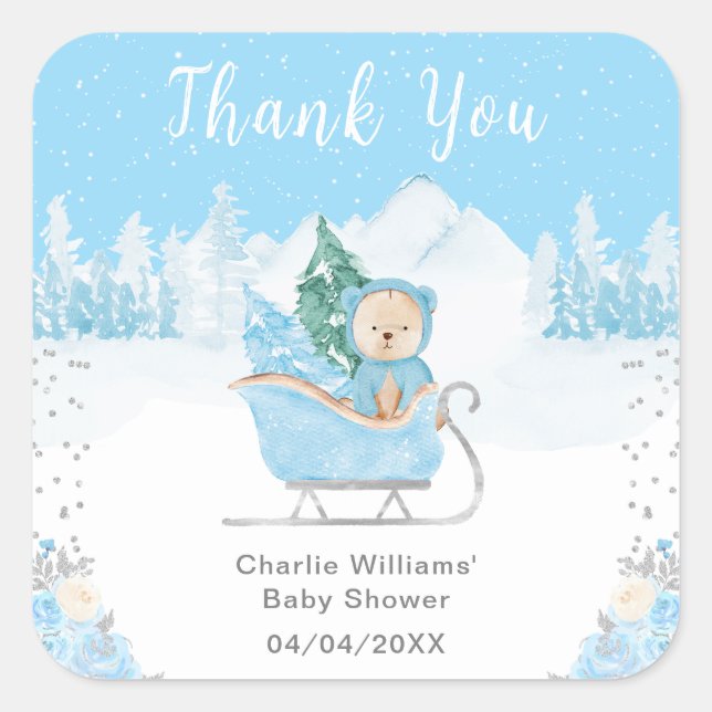 Winter Bear Blue Sleigh Baby Dusche Vielen Dank Quadratischer Aufkleber (Vorderseite)