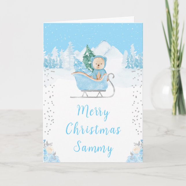 Winter Bear Blue Sleigh Frohe Weihnachten (Vorderseite)