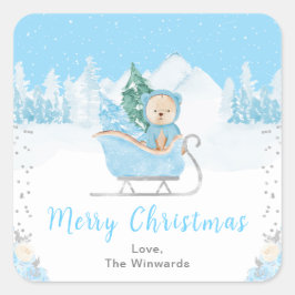 Winter Bear Blue Sleigh Frohe Weihnachten Quadratischer Aufkleber