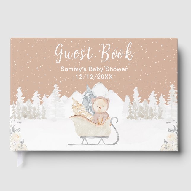 Winter Bear Brown Sleigh Baby Dusche Gästebuch (Vorderseite)