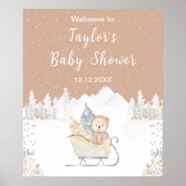 Winter Bear Brown Sleigh Baby Dusche Willkommen Poster