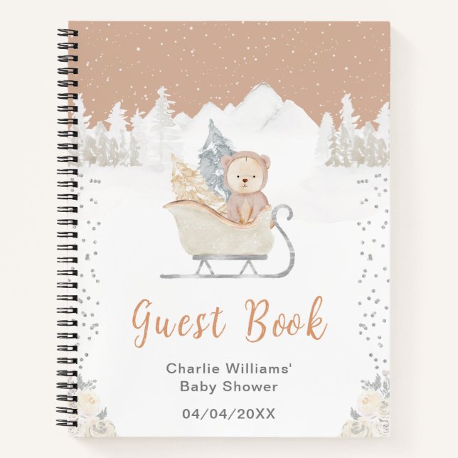 Winter Bear Brown Sleigh Baby Shooting Guest Book Notizbuch (Vorderseite)