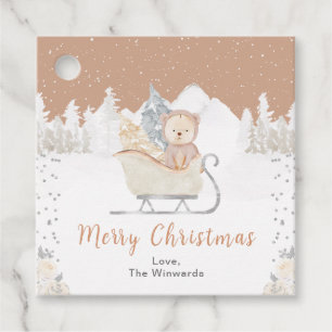 Winter Bear Brown Sleigh Frohe Weihnachten Geschenkanhänger