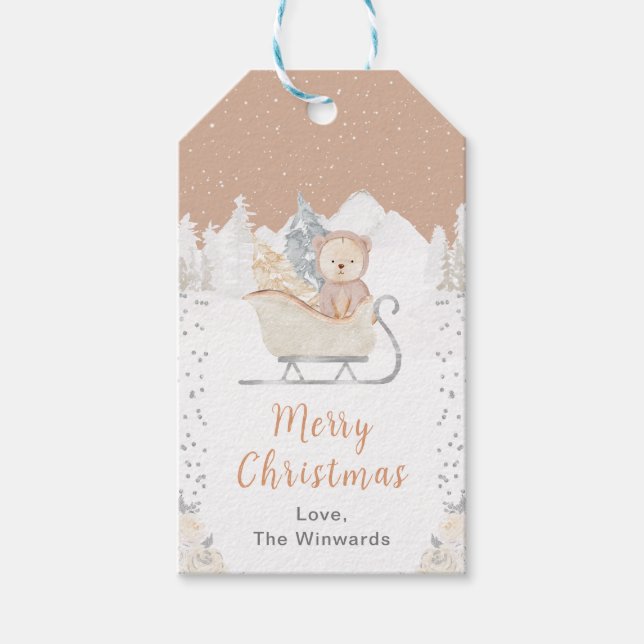 Winter Bear Brown Sleigh Frohe Weihnachten Geschenkanhänger (Vorderseite)