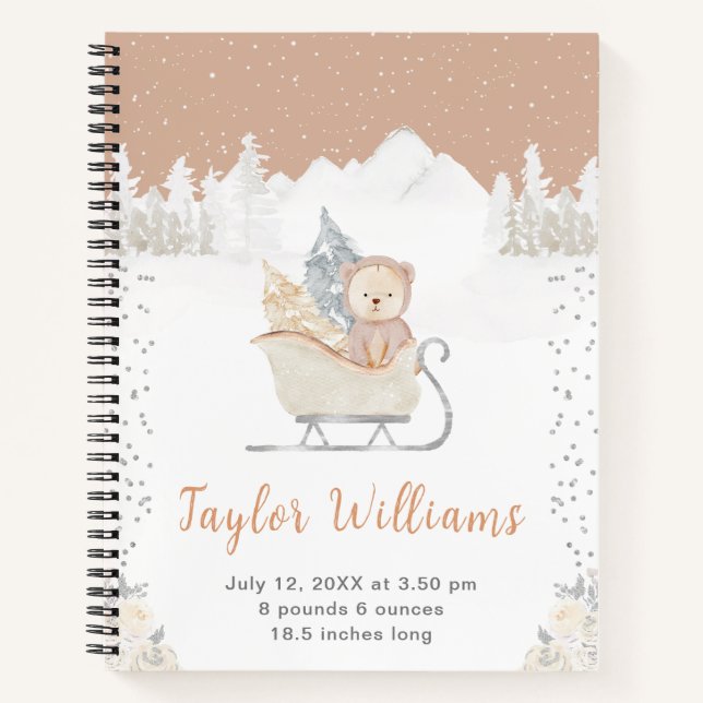 Winter Bear Brown Sleigh Geburtenstatistik Notizbuch (Vorderseite)