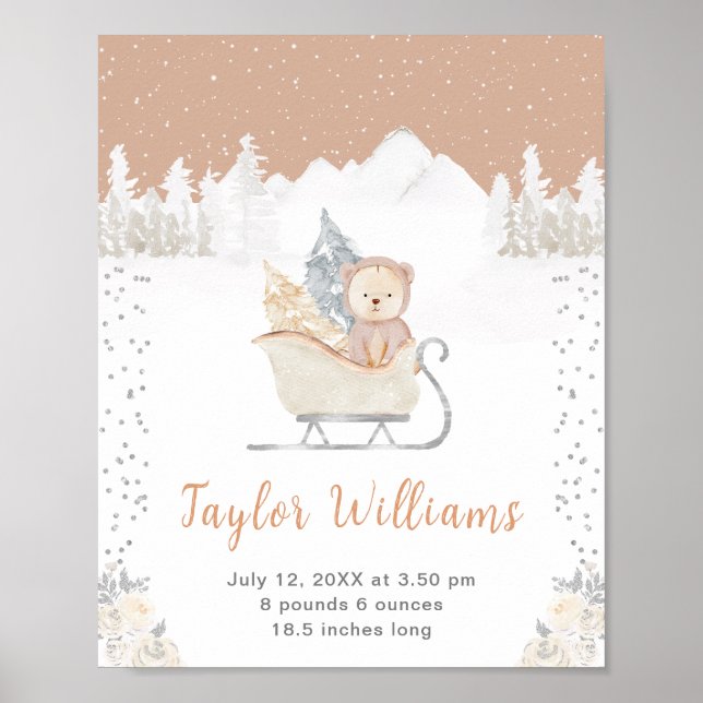 Winter Bear Brown Sleigh Geburtenstatistik Poster (Vorne)