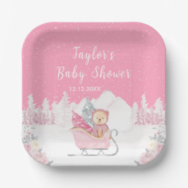 Winter Bear Pink Sleigh Baby Dusche Pappteller