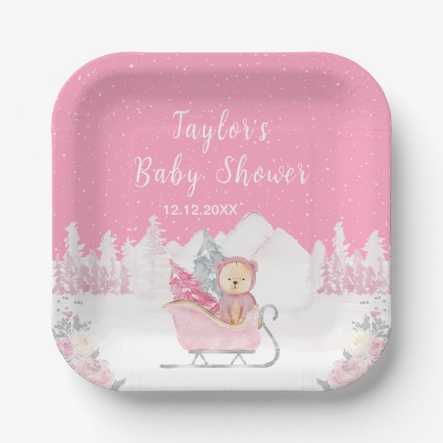 Winter Bear Pink Sleigh Baby Dusche Pappteller (Vorderseite)