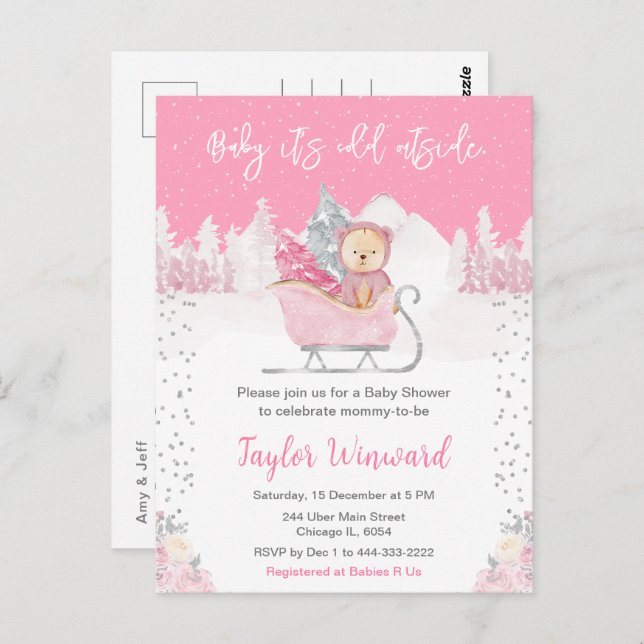 Winter Bear Pink Sleigh Baby Dusche Postkarte (Vorne/Hinten)