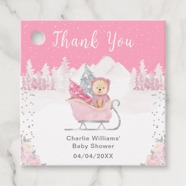 Winter Bear Pink Sleigh Baby Dusche Vielen Dank Geschenkanhänger (Vorderseite)