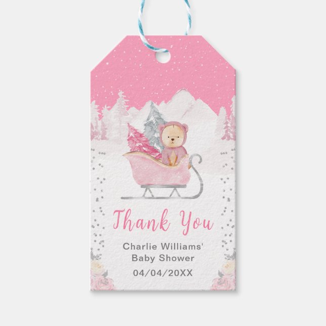 Winter Bear Pink Sleigh Baby Dusche Vielen Dank Geschenkanhänger (Vorderseite)