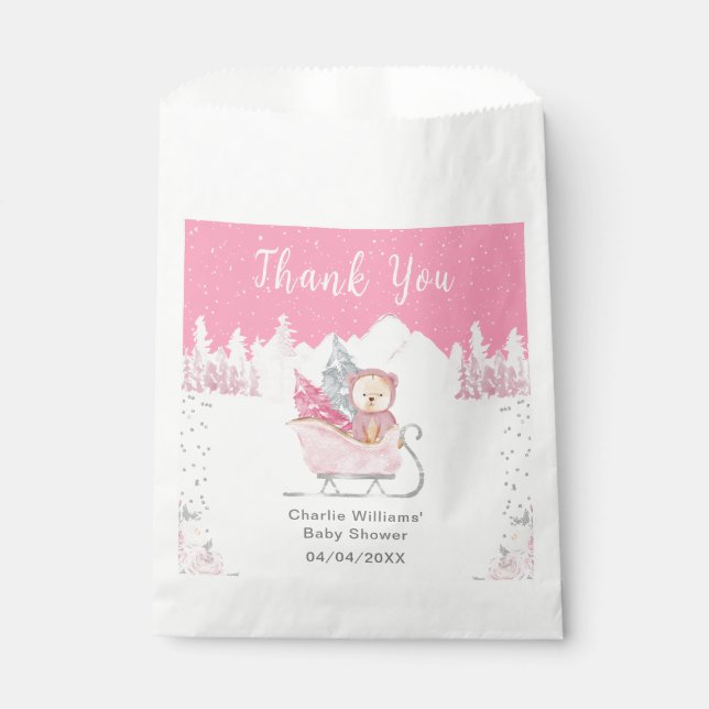 Winter Bear Pink Sleigh Baby Dusche Vielen Dank Geschenktütchen (Vorderseite)