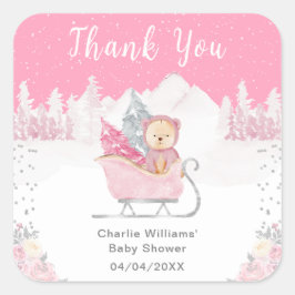 Winter Bear Pink Sleigh Baby Dusche Vielen Dank Quadratischer Aufkleber