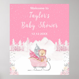 Winter Bear Pink Sleigh Baby Dusche Willkommen Poster