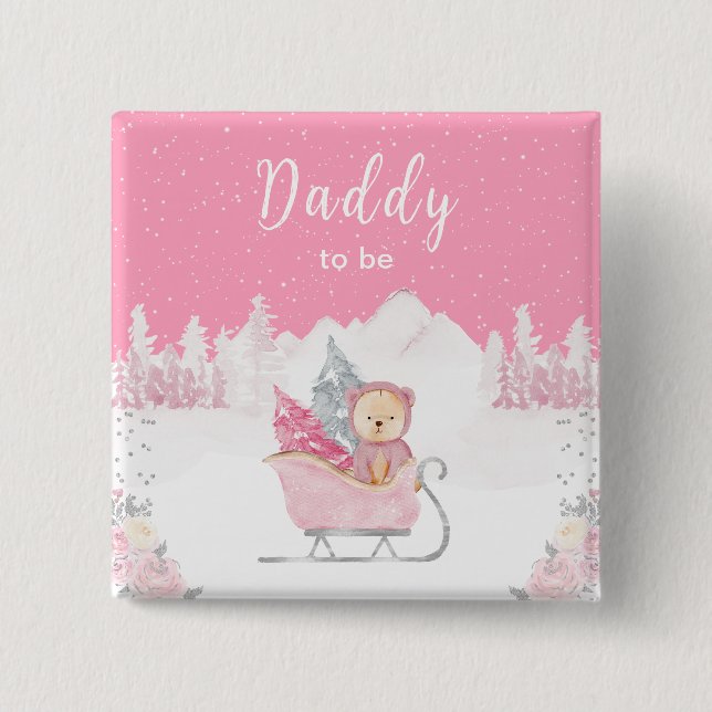 Winter Bear Pink Sleigh Daddy zu sein Button (Vorderseite)