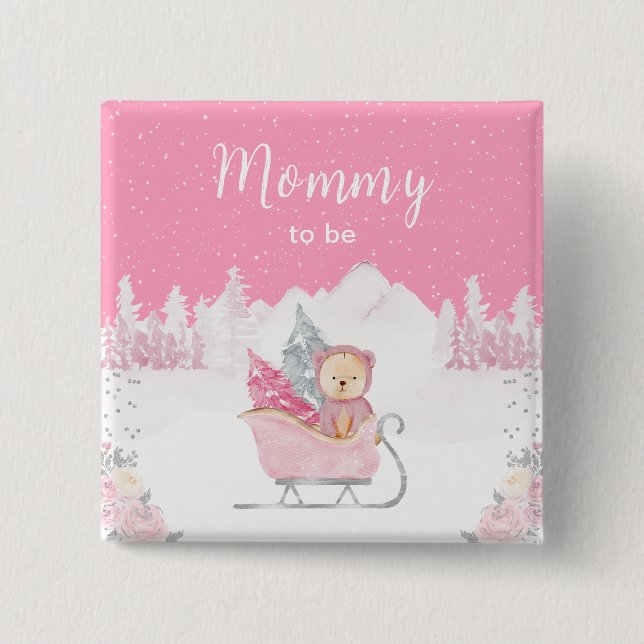Winter Bear Pink Sleigh Mommy zu sein Button (Vorderseite)