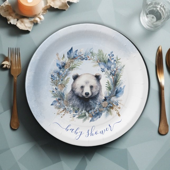 Winter Bear Watercolor Babydusche Pappteller (Winter Bear Watercolor Baby Shower Paper Plates)