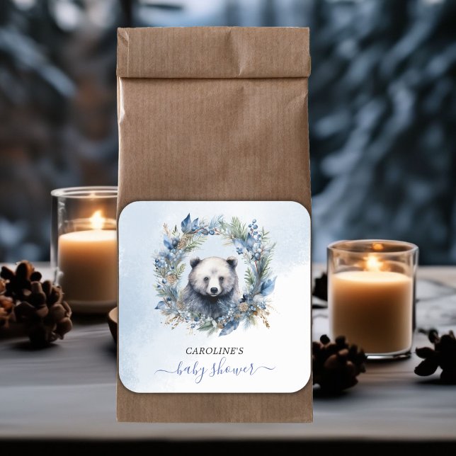 Winter Bear Watercolor Babydusche Quadratischer Aufkleber (Winter Bear Watercolor Baby Shower Square Sticker)