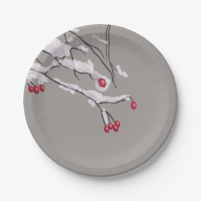 Winter-Beeren-Niederlassungen umfaßt im Schnee Pappteller (Vorderseite)