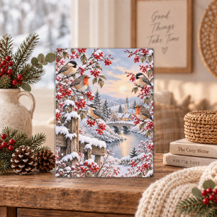 Winter-Beeren-Schneedorfgrafik mit Vögeln Feiertagspostkarte