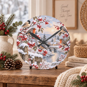 Winter-Beeren-Schneelandschaft-Vogel-Illustration Runde Wanduhr