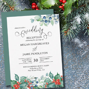 Winter-Beeren-Stechpalme-Aquarell-Hochzeitsempfang Einladung