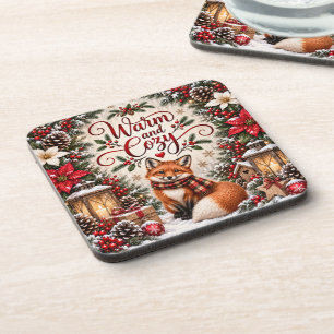Winter-Beeren-Zapfen-Fuchs-Illustration Getränkeuntersetzer