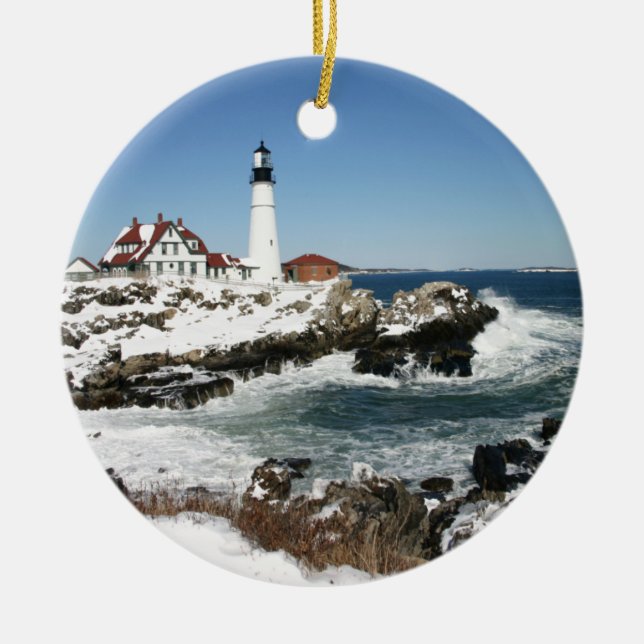 Winter bei Portland Head Light Keramik Ornament (Vorne)