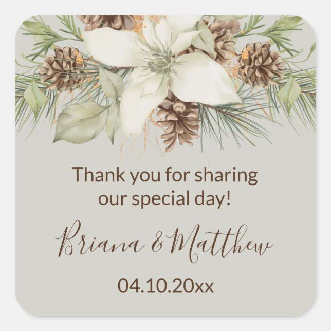 Winter Beige Elegante Script-Gastgeschenk Hochzeit Quadratischer Aufkleber (Vorderseite)