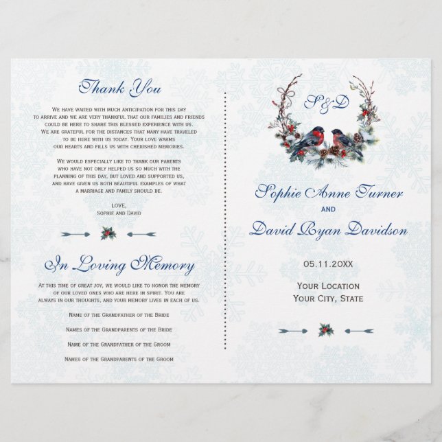 Winter Berries Bullfinch Wreath Wedding Program (Vorderseite)