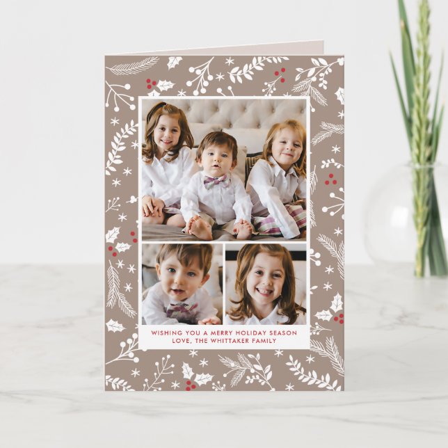 Winter Berries Ecru Weihnachtskarte Faltkarte Einladung (Vorderseite)