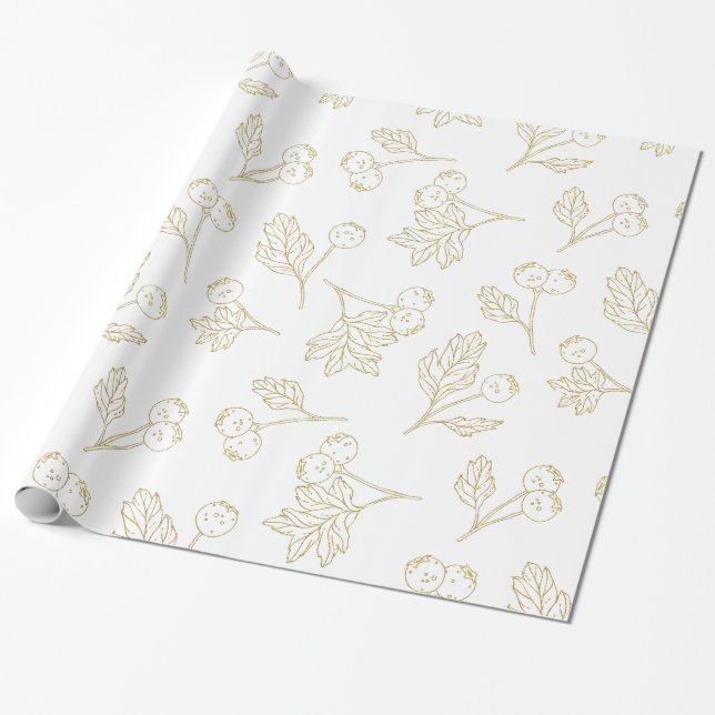 Winter Berries Gold White Christmas Geschenkpapier (Ungerollt)