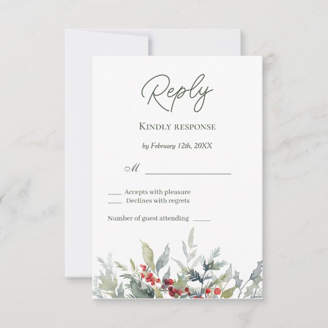 Winter Berries Green Foliage Reply RSVP Karte (Vorderseite)