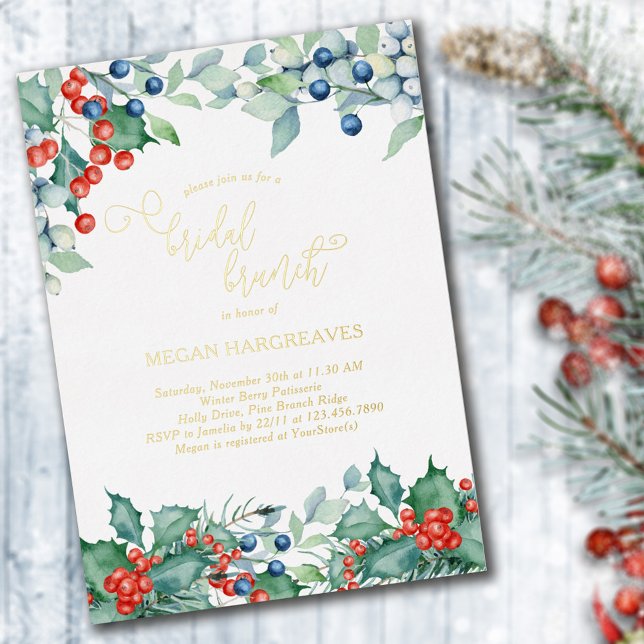 Winter Berries Holly Watercolor Bridal Brunch Gold Folieneinladung (Von Creator hochgeladen)