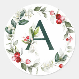 Winter Berries Monogram A Small Round Labels Runder Aufkleber