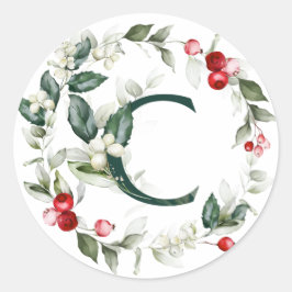 Winter Berries Monogram C Small Round Labels Runder Aufkleber