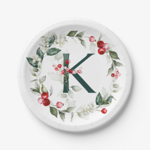 Winter Berries Monogram K Paper Plate Pappteller