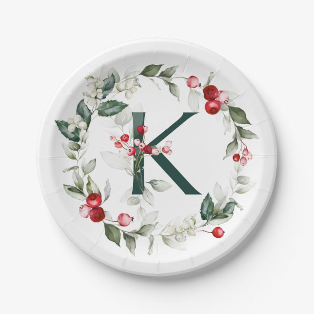 Winter Berries Monogram K Paper Plate Pappteller (Vorderseite)