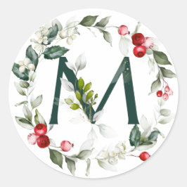 Winter Berries Monogram M Small Round Labels Runder Aufkleber