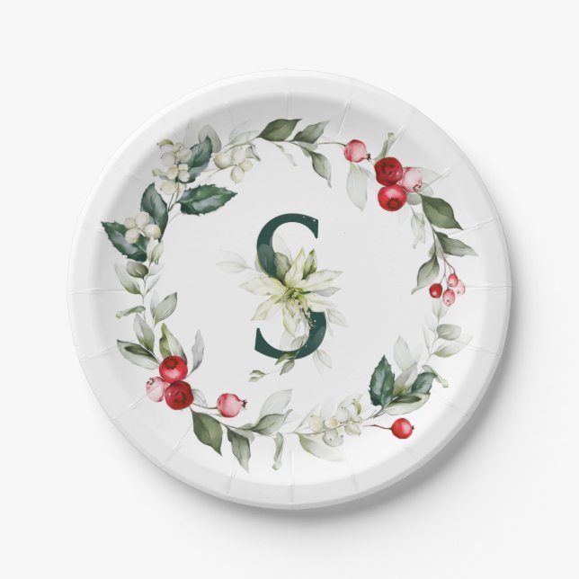 Winter Berries Monogram S Paper Plate Pappteller (Vorderseite)