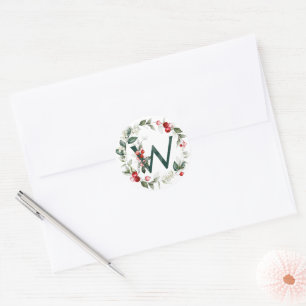 Winter Berries Monogram W Small Round Labels Runder Aufkleber