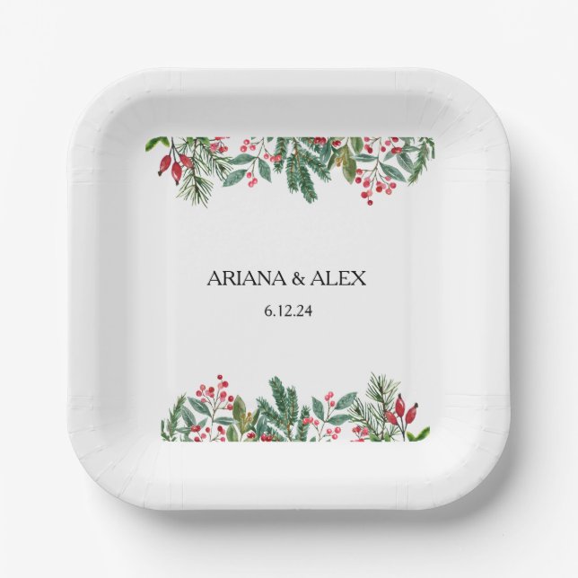 Winter Berries Pine Cone Grüne Hochzeit Pappteller (Vorderseite)