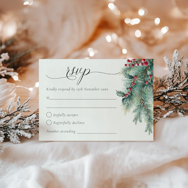 Winter Berries & Pine Weinkeller Hochzeit RSVP Karte (Von Creator hochgeladen)