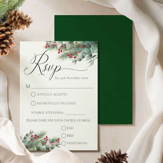 Winter Berries & Pine Weinkeller Hochzeit RSVP Karte (Von Creator hochgeladen)