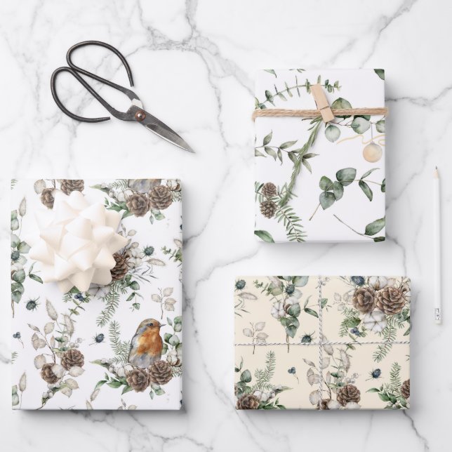 Winter Berries, Pinecones und Evergreen Geschenkpapier Set (Vorderseite)